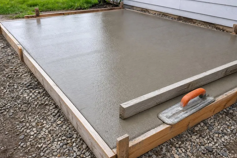 Fresh residential concrete slab inside wood forms with a finishing float.