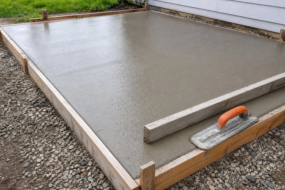 Fresh residential concrete slab inside wood forms with a finishing float.