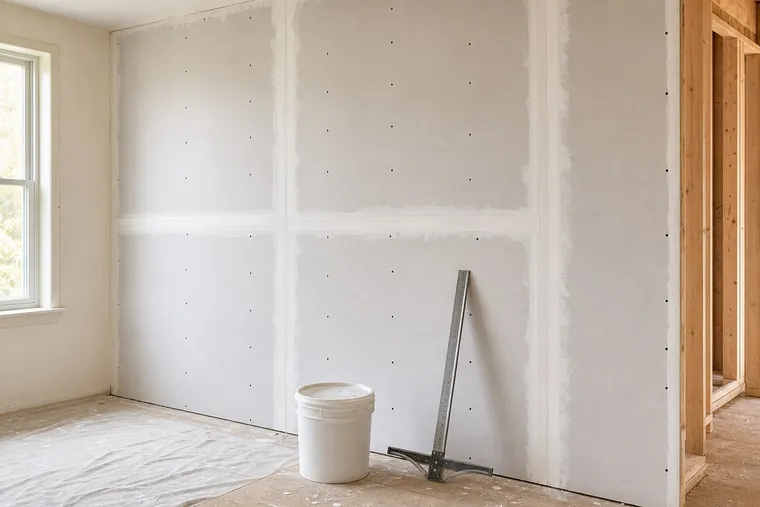 New drywall panels with taped seams, joint compound, and a T-square in a bright room.