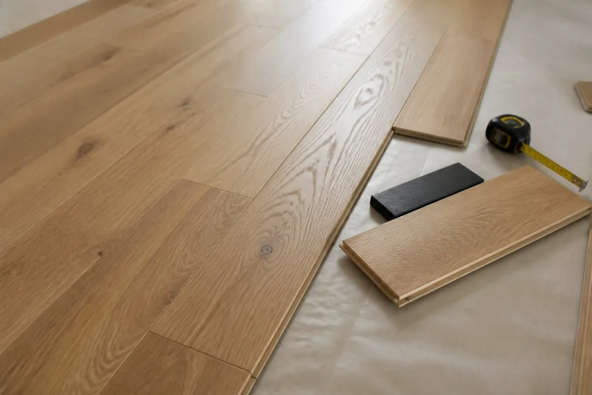 Natural oak flooring planks in progress with a tapping block and tape measure.