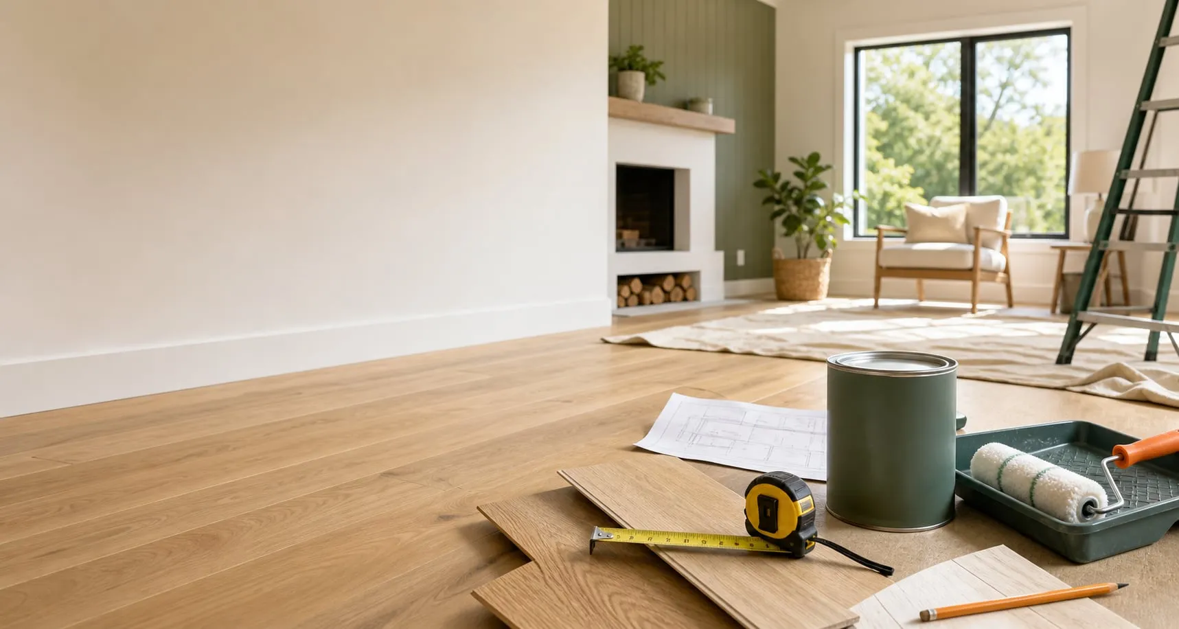 Paint, flooring samples, a tape measure, and plans in a bright renovated living room.